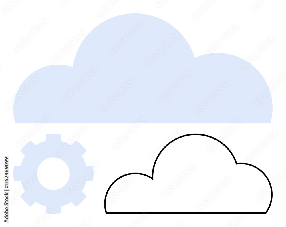 Cloud shapes in blue and black lines with a gear wheel. Ideal for technology, cloud computing, data storage, digital solutions, IT infrastructure, networking, software development. Line metaphor