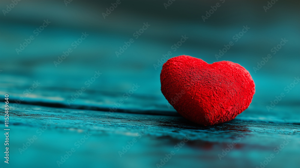 Fototapeta premium Red heart shape on teal background evokes feelings of love and affection