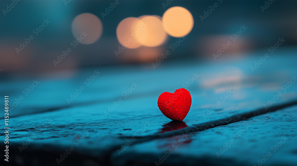 Small red heart on a wet surface reflecting soft lights in the background at night Small red heart on a wet surface reflecting soft lights in the background at night