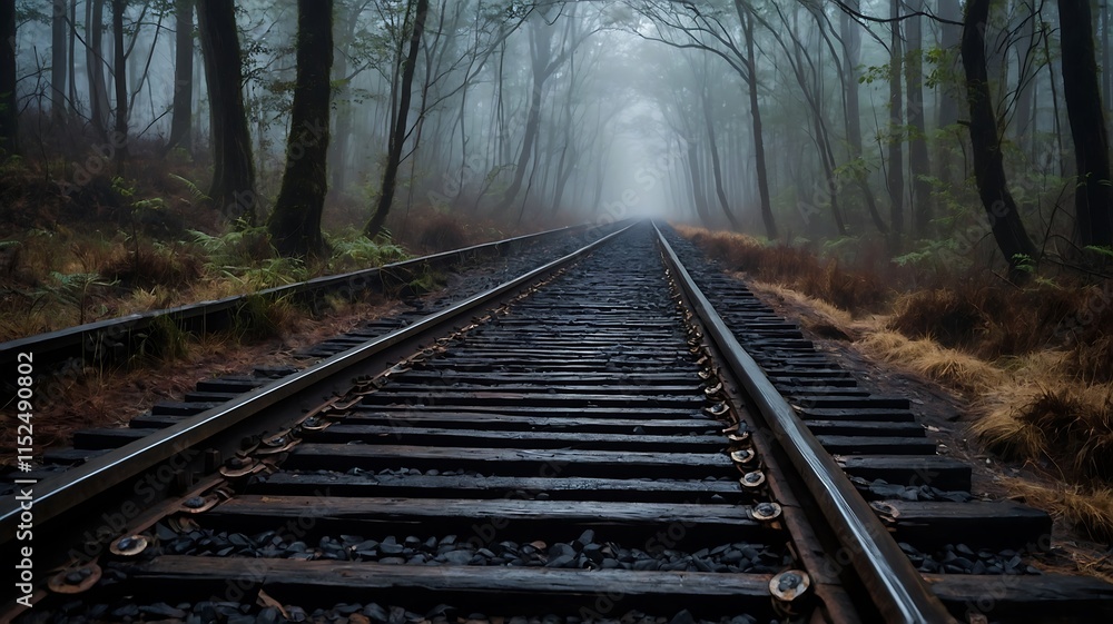 Fototapeta premium Misty Forest Railroad: A Journey into the Unknown