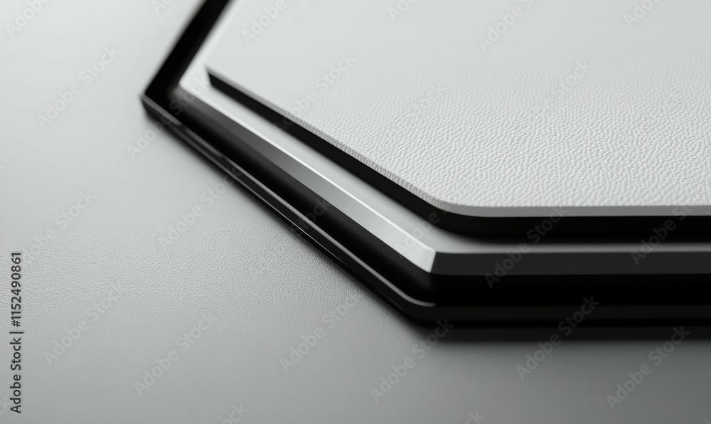 Minimalist Tech Background with Raised Hexagon and Black Trim. White Surface with Embossed 3D Shape. 3D Render. Minimalist Tech Background with Raised Hexagon and Black Trim. White Surface with Embossed 3D Shape. 3D Render.