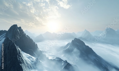 Wallpaper Mural Misty mountain range at sunrise, peaks fading into the horizon, soft clouds blending with sharp rocky textures in monochrome tones. Torontodigital.ca