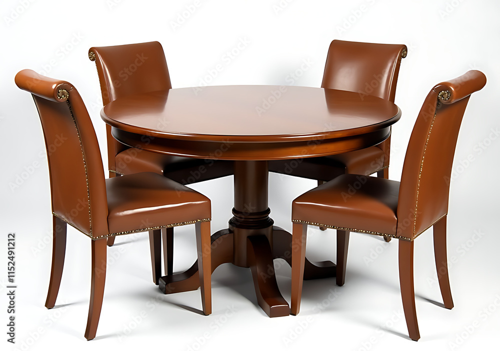 Obraz premium elegant wooden round dining table sits around four leather chairs edges cut