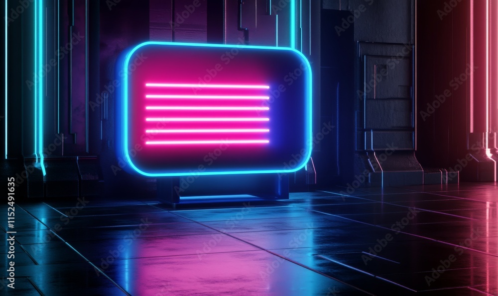 Obraz premium Pink and Blue Text Technology Concept with sms symbol as a neon light. Vibrant colored icon, on a black background with high tech floor. 3D Render