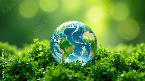 Fototapeta Naklejka Na Ścianę i Meble -  A globe of the Earth sits amidst lush green plants.
Concept of: protecting the planet.
