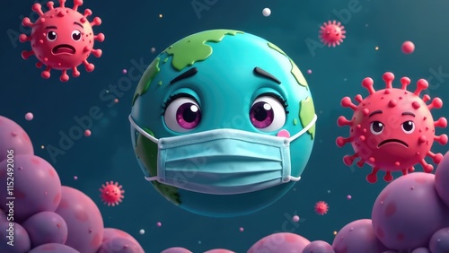A cartoon Earth character wearing a face mask is surrounded by sad-faced cartoon virus particles.
Concept of global pandemic.