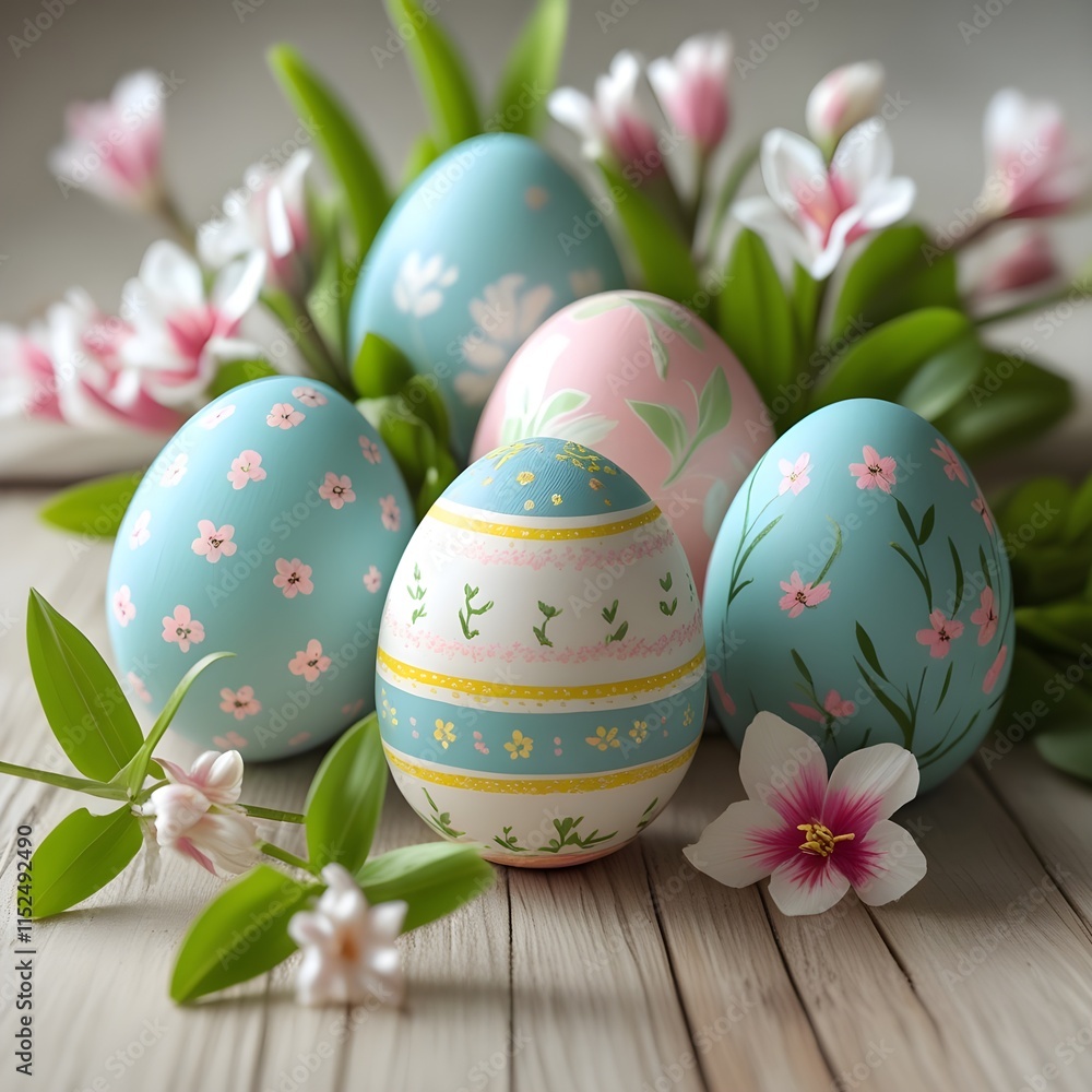 Fototapeta premium Pastel Easter Eggs Surrounded by Spring’s Blossoms and Greenery, Generative AI