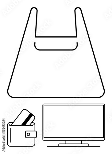 Large shopping bag outline symbol, wallet carrying a card, and a computer screen. Ideal for e-commerce, online shopping, retail, digital payments, financial technology, consumer behavior internet