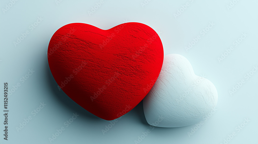 Fototapeta premium Red and white heart shapes resting on a minimalist background showcasing love and affection