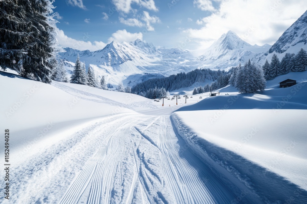 Snowy mountain landscape with ski trails under a bright blue sky in winter Snowy mountain landscape with ski trails under a bright blue sky in winter
