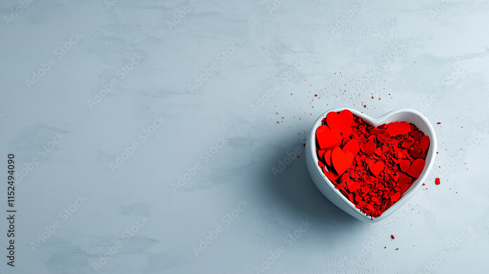 Heart-shaped bowl filled with red chocolate pieces on a white background Heart-shaped bowl filled with red chocolate pieces on a white background