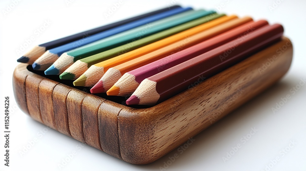 Fototapeta premium Isolated a white background A neatly arranged pencil box with colored pencils inside ready for schoolwork