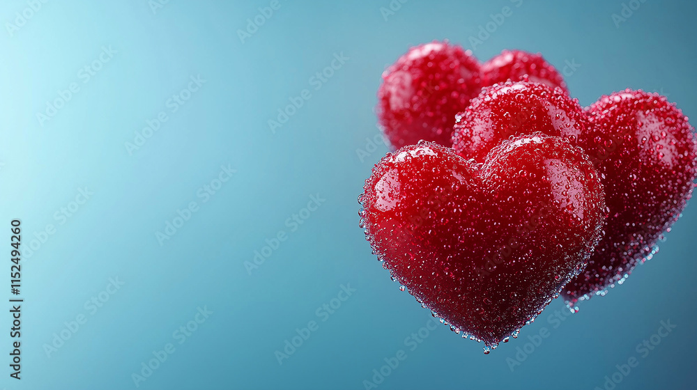 Fototapeta premium Red hearts with water droplets on a blue background create a romantic atmosphere and focal point