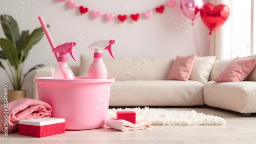 colorful cleaning setup in a stylish living room decorated for Valentine's Day/ inimal decor.  photo