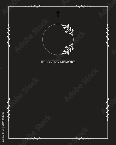 Funeral vector card. Empty card. Black and white frame with text 