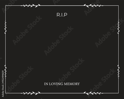 Funeral vector card. Empty card. Black and white background and frame. Rest in peace 