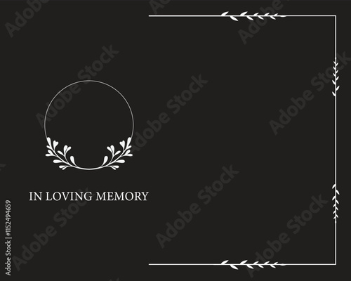 Funeral vector card. Empty card. Black and white background and frame