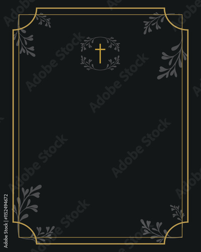 Funeral card. Empty card for funeral with black background and gold frame 