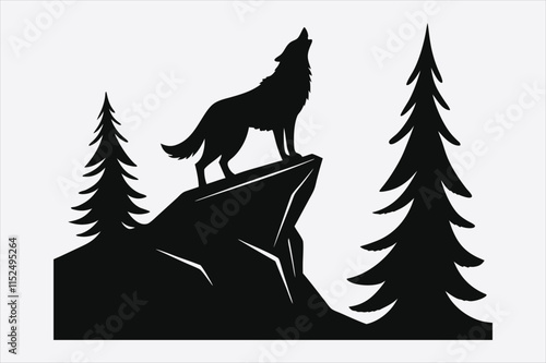 A stylized black and white silhouette of a wolf howling. photo