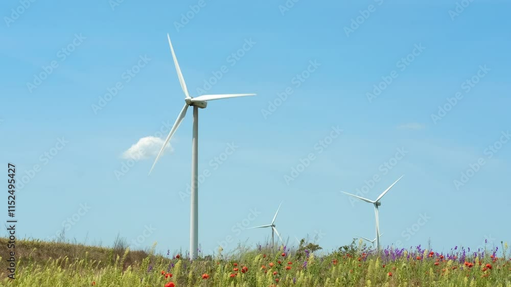 Wind turbine spinning gracefully above a vibrant flower field. Wind turbine generating clean energy on a sunny day. A flower field with red poppies and other wildflowers in the foreground Wind turbine spinning gracefully above a vibrant flower field. Wind turbine generating clean energy on a sunny day. A flower field with red poppies and other wildflowers in the foreground