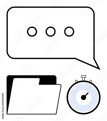 Speech bubble with ellipsis file folder, and stopwatch representing communication, document management, deadlines, teamwork, organization, productivity, efficiency. Ideal for presentations