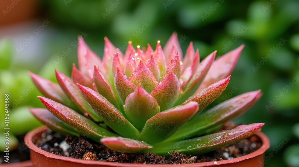 A vibrant succulent plant in a terracotta pot, displaying pink-tipped leaves against a blurred green background. A vibrant succulent plant in a terracotta pot, displaying pink-tipped leaves against a blurred green background.