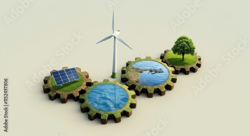 Renewable energy concept with wind turbine, solar panels, and water