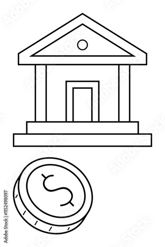 Bank building with columns and front entrance alongside a coin with a dollar sign. Ideal for finance, banking, investments, money management, economic growth, financial institutions, savings. Line