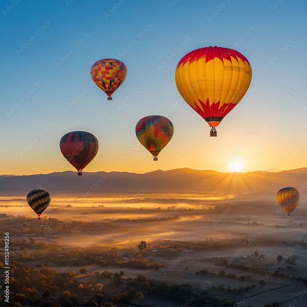 Naklejka premium Colorful hot air balloons soar above a misty landscape at sunrise.