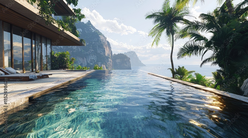 Obraz premium Luxury Villa with Infinity Pool Overlooking Ocean and Mountains