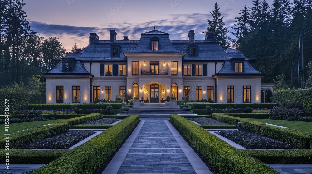 Fototapeta premium Elegant mansion with landscaped gardens at twilight