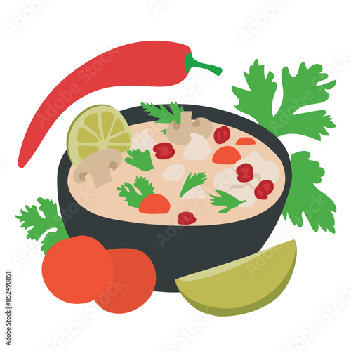 A Vector Illustration of Tom Kha Gai Soup in a Black Bowl with Chicken, Chili, Mushrooms, Tomatoes, Coriander, and Lime