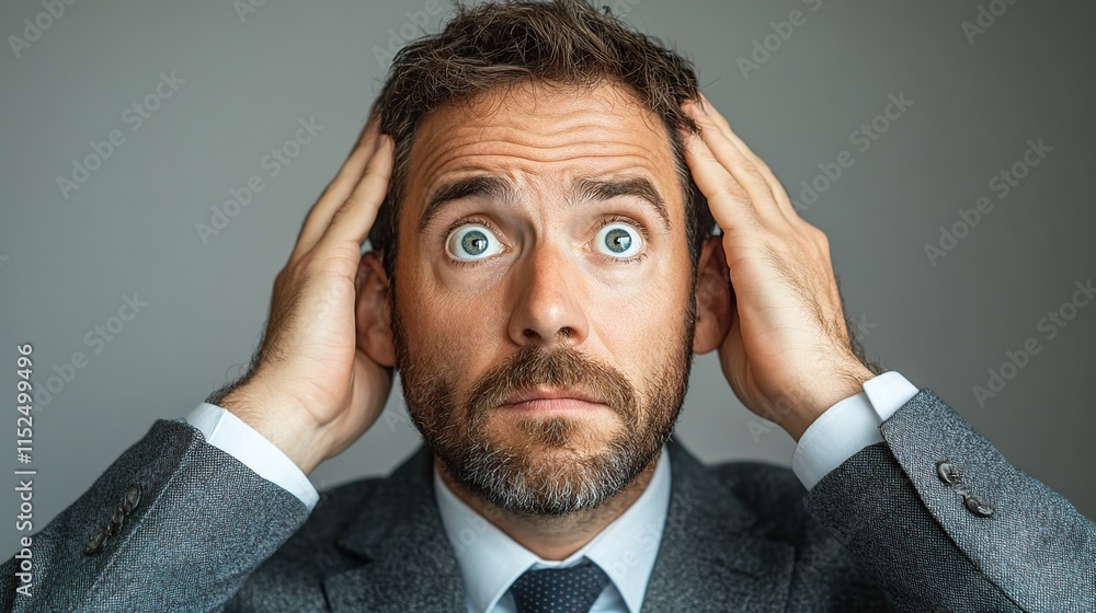 Stressed businessman with hands on head, wide eyes, worried expression. Stressed businessman with hands on head, wide eyes, worried expression.