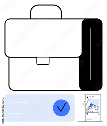 Business briefcase with secure lock, approved application form featuring a checkmark, and a hand signing a document. Ideal for business, security, approval processes, contracts, agreements, office