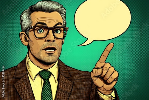 An elderly gentleman wearing glasses and a vintage suit points with an empty speech bubble in retro pop art style, evoking nostalgia and wisdom in a green setting.
