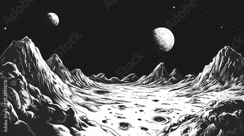 Rugged lunar landscape with deep crater. Moondust. Illustration photo