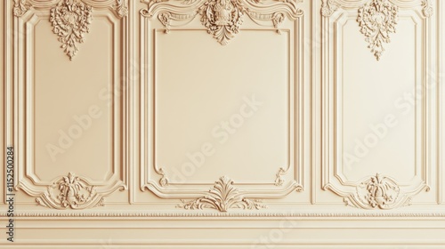 An elegant cream-colored wall adorned with intricate, ornate moldings displays classic architectural sophistication, blending historical charm with refined aesthetics.