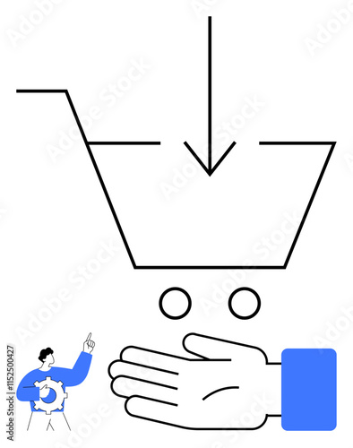 Shopping cart with downward arrow above hand and customer service representative with settings gear. Ideal for e-commerce, customer support, marketing, convenience, technology, digital shopping