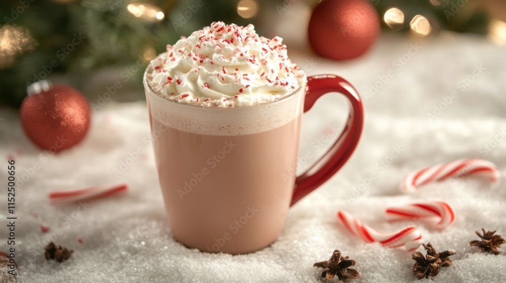 A creamy hot chocolate with whipped cream and candy cane pieces, surrounded by festive holiday decor on a snowy table A creamy hot chocolate with whipped cream and candy cane pieces, surrounded by festive holiday decor on a snowy table