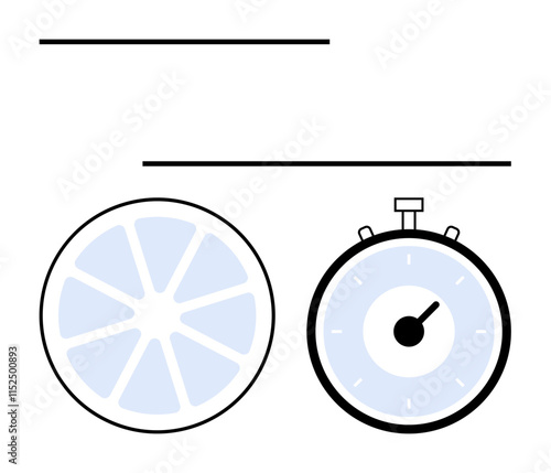 A blue citrus wheel next to a blue stopwatch. Ideal for time management, healthy living, nutrition, productivity, exercise, wellness, scheduling. Line metaphor