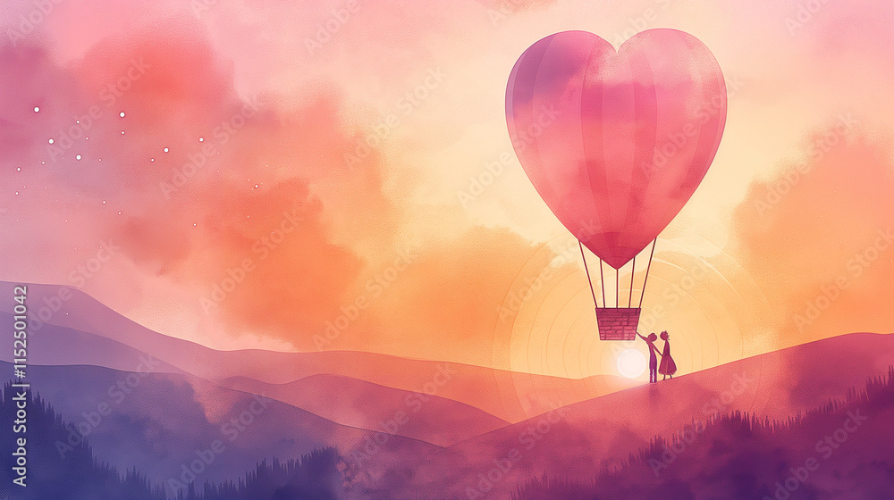 Obraz premium Heart Shaped Balloon Rising Over Sunset Hills