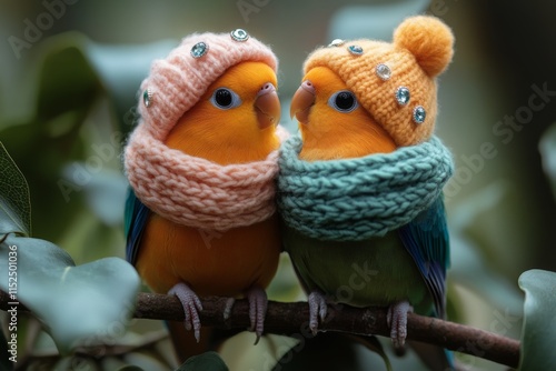 Two vibrant birds snuggle together on a branch adorned in knitted hats and scarves, embodying warmth, comfort, and the spirit of companionship on a cold day.