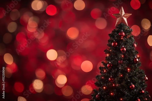 A festive Christmas tree adorned with glistening red ornaments and a shimmering golden star, set against a vibrant red bokeh background capturing holiday spirit. photo