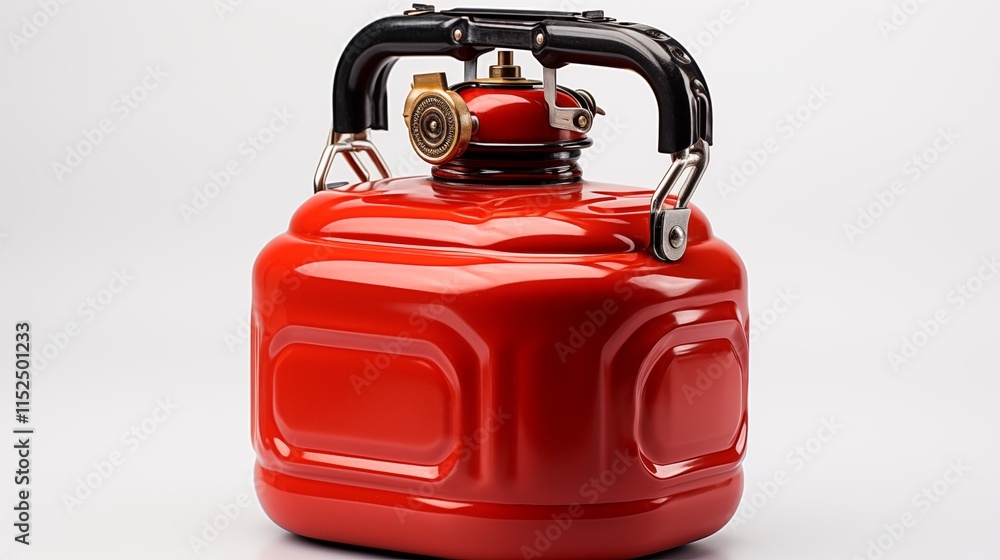Fototapeta premium Red gasoline canister with handle,, studio view, isolated on white background.