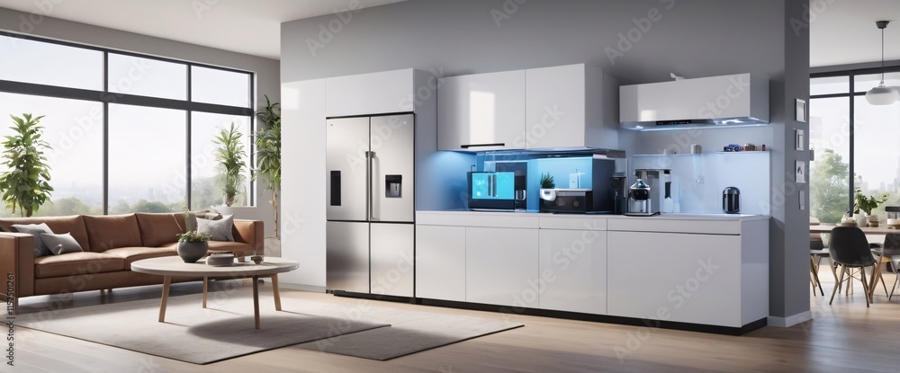 illustrate the concept of the Internet of Things with an image of a smart home, featuring various connected devices and appliances, shot from a low angle with a wide-angle lens illustrate the concept of the Internet of Things with an image of a smart home, featuring various connected devices and appliances, shot from a low angle with a wide-angle lens