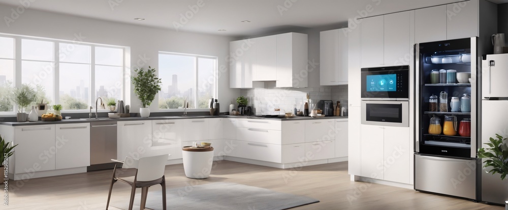 illustrate the concept of the Internet of Things with an image of a smart home, featuring various connected devices and appliances, shot from a low angle with a wide-angle lens illustrate the concept of the Internet of Things with an image of a smart home, featuring various connected devices and appliances, shot from a low angle with a wide-angle lens
