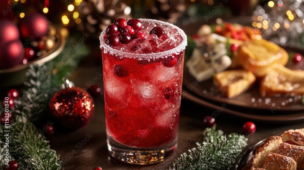 A refreshing cranberry mocktail with sugared rim and fresh berries, surrounded by holiday-themed decor and ornaments A refreshing cranberry mocktail with sugared rim and fresh berries, surrounded by holiday-themed decor and ornaments