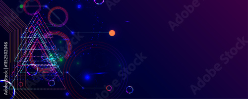 Neon techno christmas tree science space abstraction background. Cosmos blue dark retro futuristic 3d starry sky glowing galaxy and planets blue