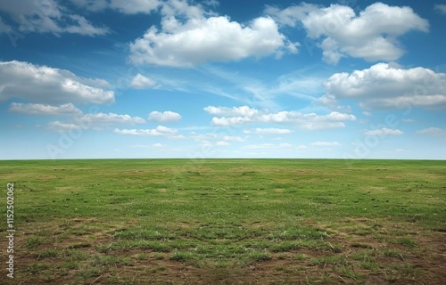 Vast green field under a bright blue sky dotted with fluffy white clouds. Serene landscape photo.