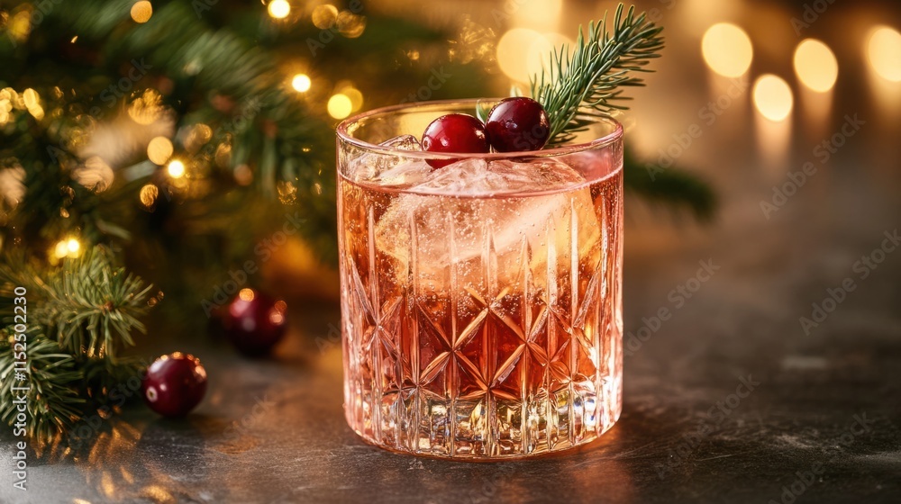 A sparkling glass of rose with cranberry garnish, placed near a festive Christmas tree with glowing lights A sparkling glass of rose with cranberry garnish, placed near a festive Christmas tree with glowing lights